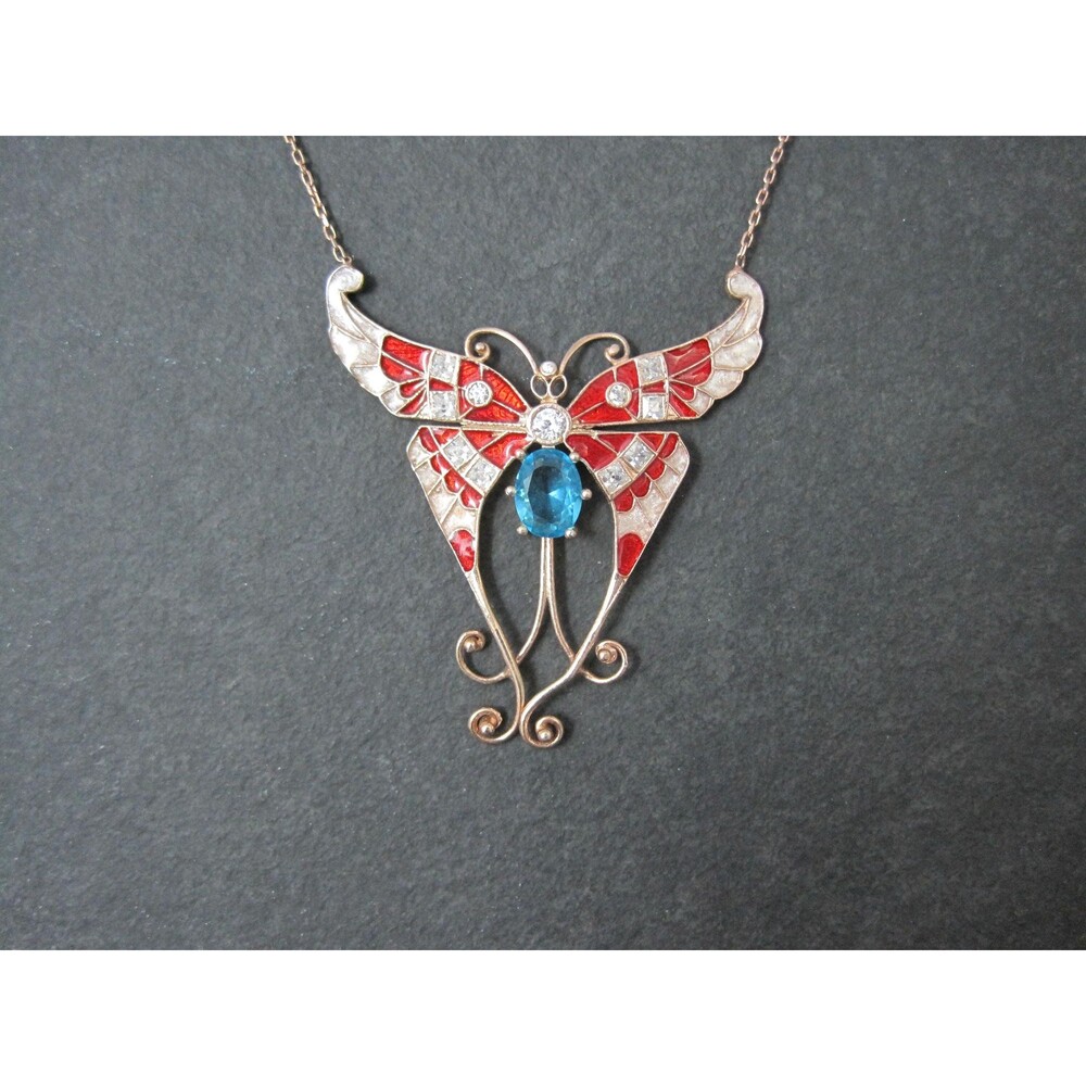 Red White and Blue Enamel Butterfly Necklace Gold Vermeil over Sterling Silver